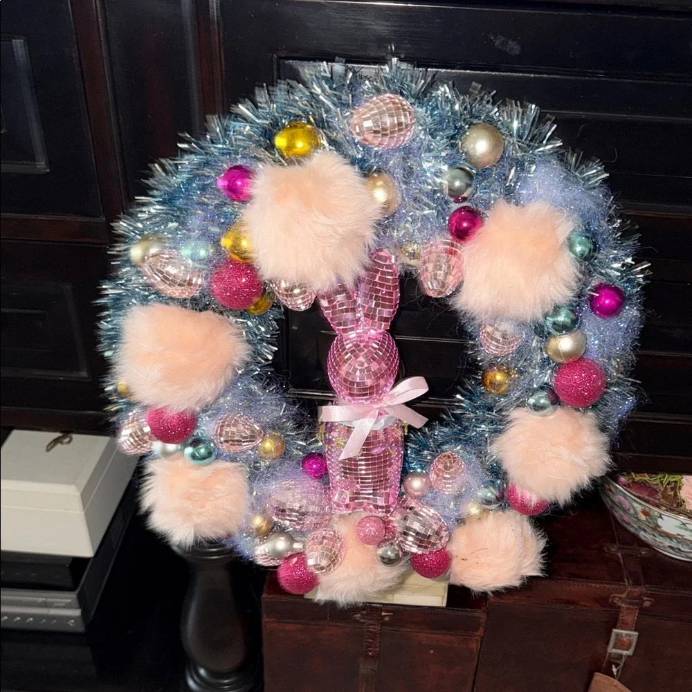 Easter wreath pink mirrored bunny rabbit and Easter Blue and Pink Holiday Wreath